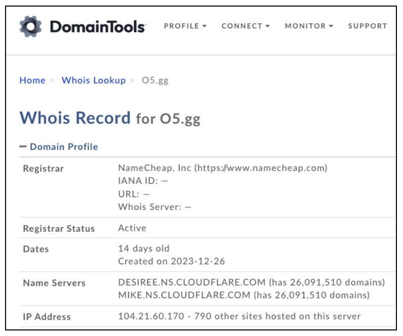 Screenshot of Whois records for a PyPI package's domain