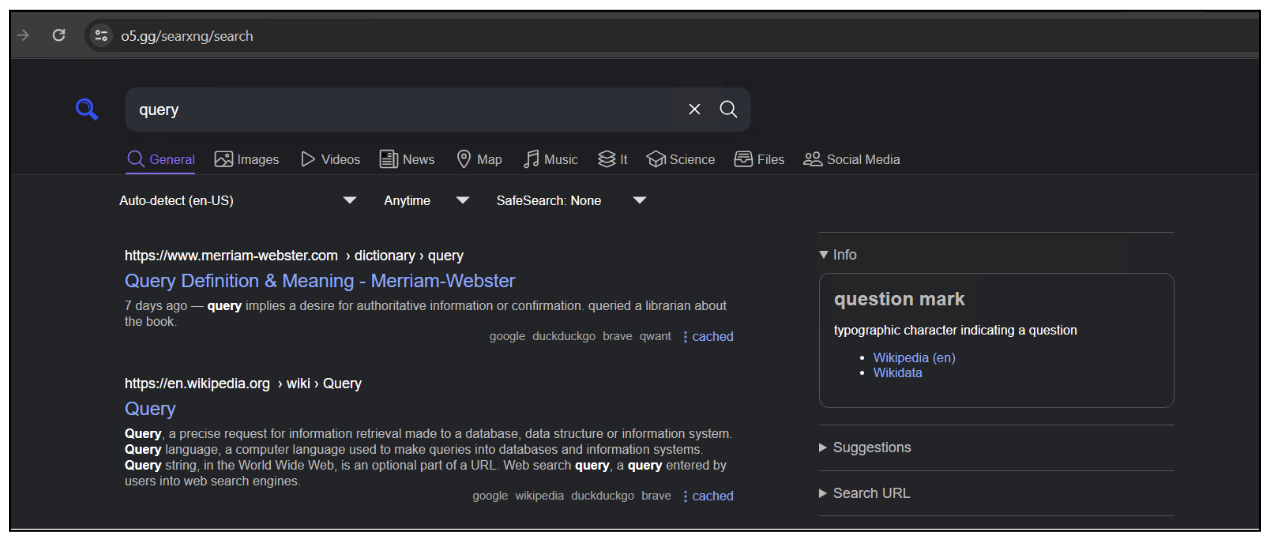 Screenshot of SearXNG search engine