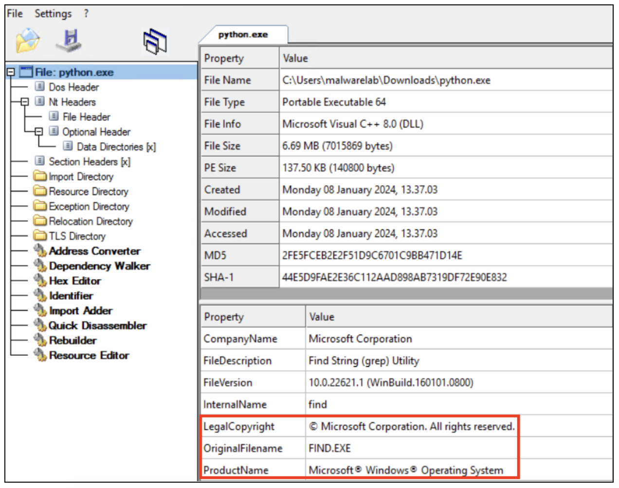 python.exe executable details seen in CFF explorer